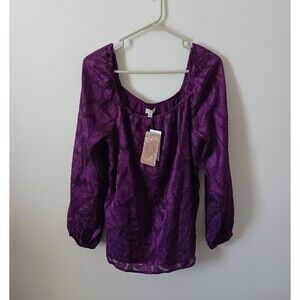 Mason & Belle Womens Blouse Top Floral Metallic Long Sleeve Purple Size L